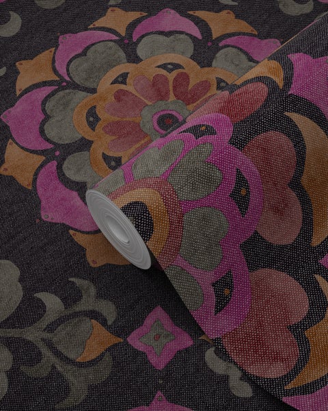 Origin Wallcoverings Tapete Suzani Blumen Schwarz, Orange und Rosa - 53 cm x 10.05 m - 347474