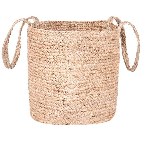 Geflochtener Aufbewahrungskorb aus Jute mit zwei Henkeln.