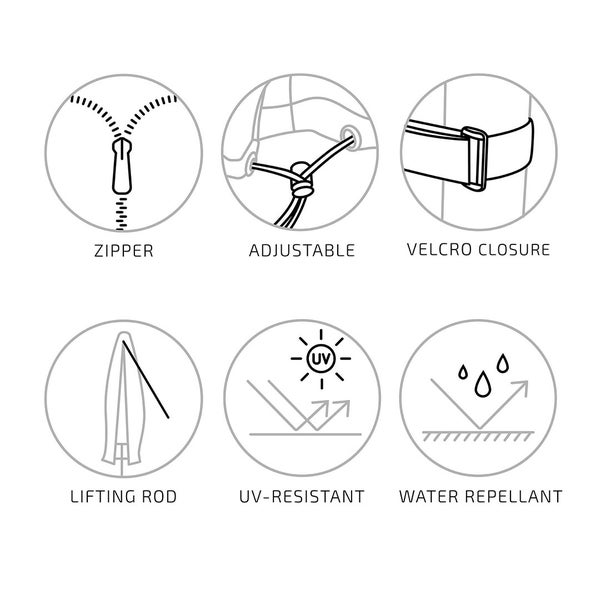 Symbole für Produktmerkmale: Reißverschluss, verstellbar, Klettverschluss, Hebestab, UV-beständig und wasserabweisend.
