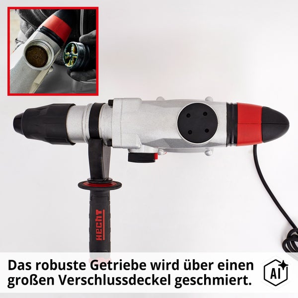 Hecht Bohrhammer mit Zusatzhandgriff und Detailansicht der Getriebeschmierung über einen Verschlussdeckel