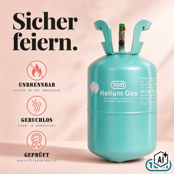 TOM Helium Einwegflasche für Ballons mit Warnhinweisen und Sicherheitsmerkmalen wie unbrennbar, geruchlos und qualitätsgeprüft.