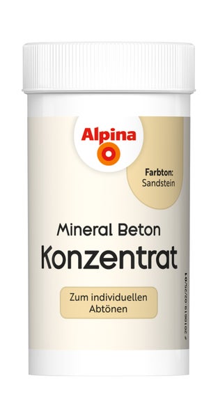 Alpina Logo, Mineral Beton Konzentrat zum individuellen Abtönen im Farbton Sandstein.