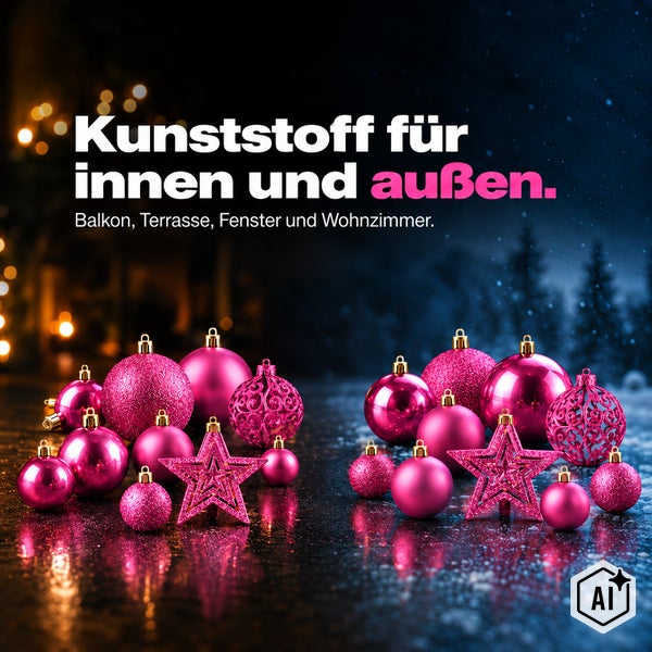 Weihnachtskugeln und Sterne aus Kunststoff für innen und außen geeignet für Dekoration auf Balkon, Terrasse und im Wohnzimmer.