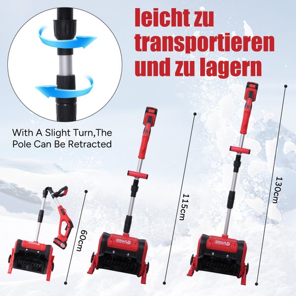 Illustration einer Schneefräse mit Teleskopstiel in drei verschiedenen Längen zur Veranschaulichung der Transportfähigkeit und Lagerung.