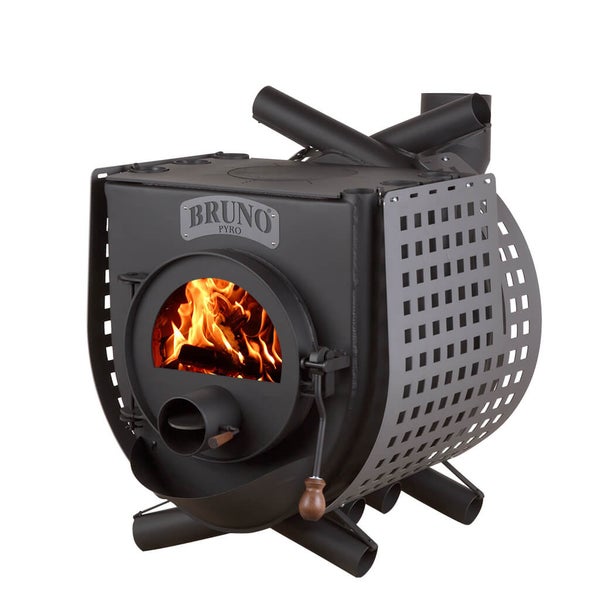 Holzofen mit Brennholz und Bruno Pyro Logo