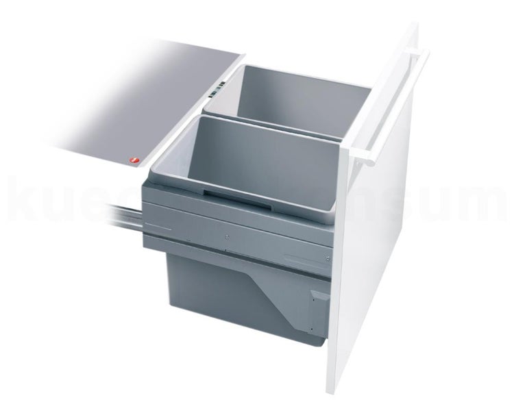 Einbau-Abfallsammler mit zwei grauen Kunststoffbehältern zum Ausziehen für den Küchenschrank.