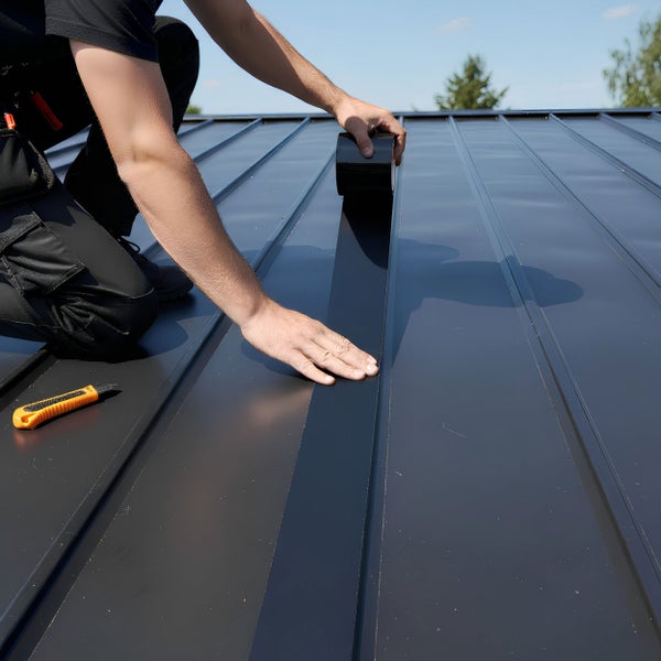 Handwerker bringt Dichtband auf einem Blechdach an