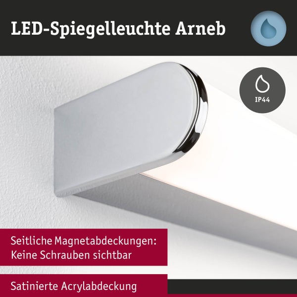 LED Spiegelleuchte mit Montageanleitung und technischen Daten wie IP44 Spritzwasserschutz und 1200 Lumen Lichtstrom.