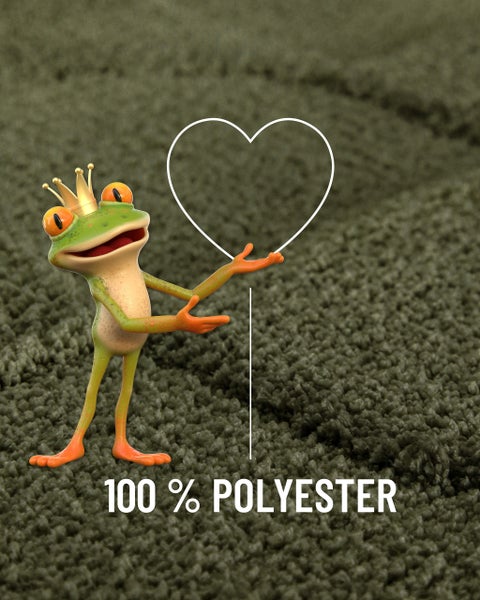Materialhinweis 100 Prozent Polyester mit einem Frosch mit Krone und einem Herz.