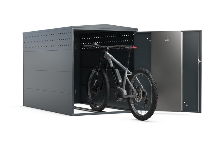 Fahrradgarage mit geöffneter Tür und Fahrrad darin