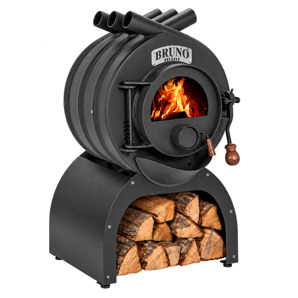 Bruno Mini Kaminofen mit Holzfach und brennendem Feuer im Ofen