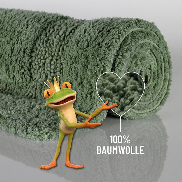 Detailaufnahme einer grünen Badematte aus 100 Prozent Baumwolle mit Fokus auf die weiche Textur.