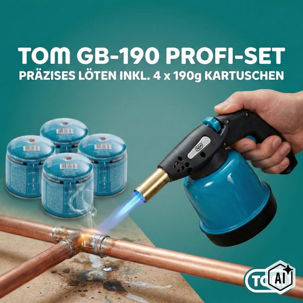 TOM GB-190 Profi-Set Loetgeraet mit vier 190 Gramm Gaskartuschen beim Loeten von Kupferrohren.