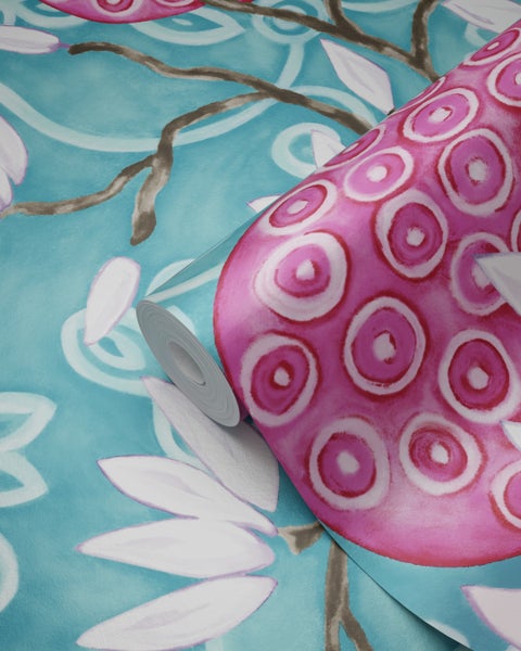 Origin Wallcoverings Tapete Magnolie Türkis und Rosa - 53 cm x 10.05 m - 346925