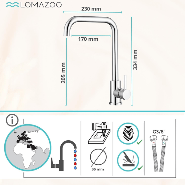Lomazoo Spültischarmatur mit Maßzeichnung und Piktogrammen für Montage und Anschlüsse.