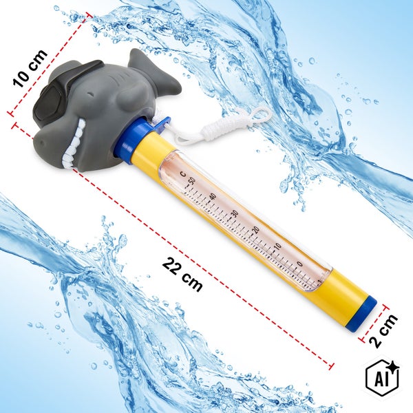 Poolthermometer als Hai mit Befestigungsschnur und Skala von 0 bis 50 Grad Celsius.