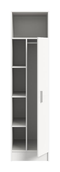 Weißer Hochschrank mit einem offenen Fach oben, vier Regalfächern links und einer Tür rechts mit Kleiderstange.