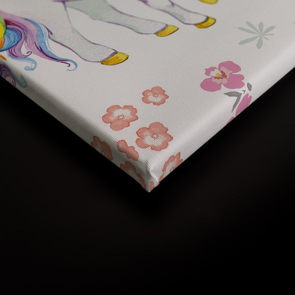 Wandbild auf Leinwand mit Einhorn Motiv und Blumen Muster für Kinderzimmer Dekoration