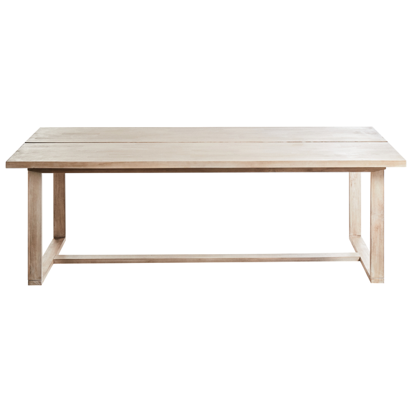 Rechteckiger Gartentisch aus hellem Massivholz mit U-förmigem Untergestell.