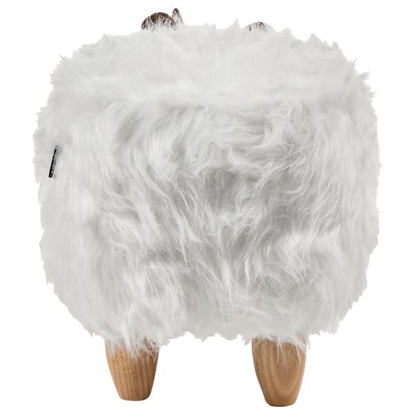 Hocker mit weißem Kunstfellbezug und Holzfüßen
