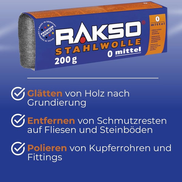 Rakso Stahlwolle Sorte 0 mittel, 200 Gramm, zum Glätten von Holz, Reinigen von Fliesen und Polieren von Kupferrohren.