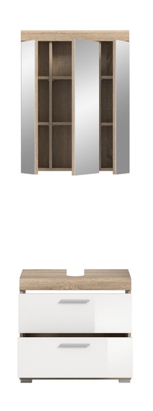 Badmöbel-Set in Eichenoptik und Weiß mit Spiegelschrank und Unterschrank, Maße circa 60 mal 191 mal 34 Zentimeter.