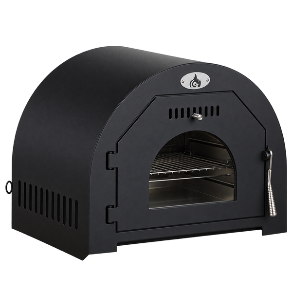 Schwarzer Pizzaofen mit gewölbter Form für den Garten, aus Metall mit Edelstahleinsatz und Sichtfenster.