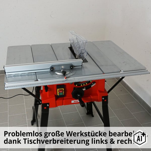 Hecht Tischkreissäge mit Tischverbreiterung links und rechts für große Werkstücke auf einem stabilen Untergestell.