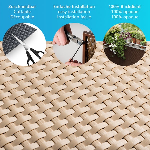 Balkonsichtschutz aus Polyrattan, zuschneidbar, einfache Montage mit Kabelbindern, 100 Prozent blickdicht.