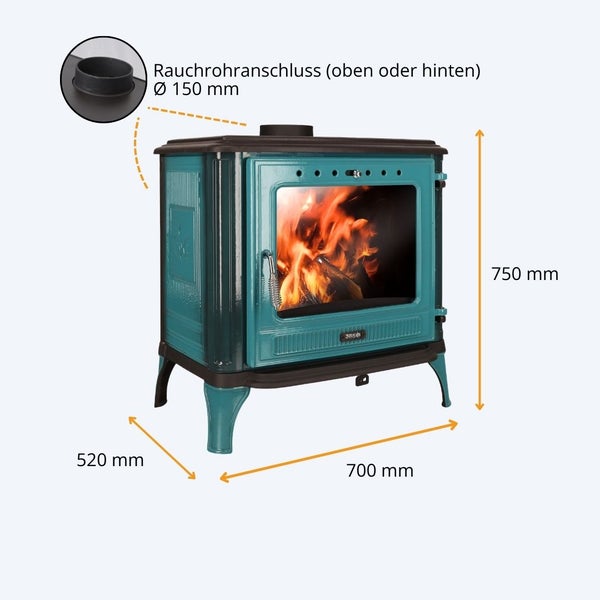 Kaminofen mit Sichtfenster und Maßangaben, Rauchrohranschluss 150 Millimeter Durchmesser, oben oder hinten anschließbar.
