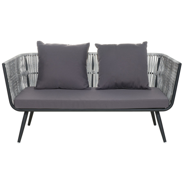 Gartensitzbank mit Kissen und geflochtener Rückenlehne