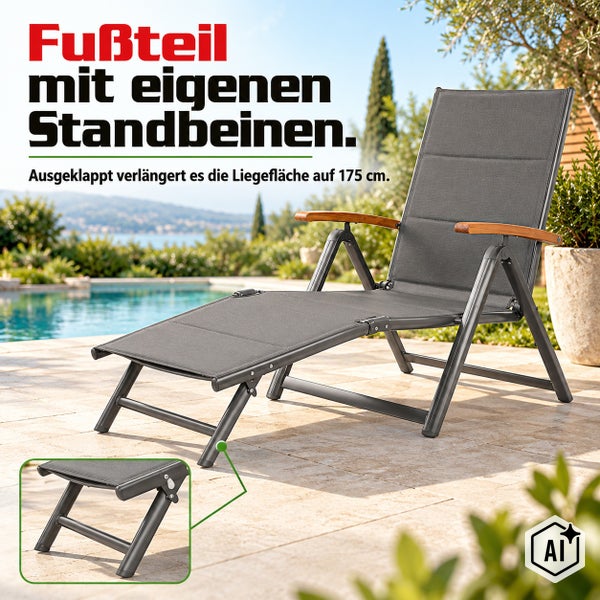 Gartenstuhl mit ausklappbarem Fußteil und eigenen Standbeinen, Liegefläche verlängert sich auf 175 cm, ideal für den Außenbereich.