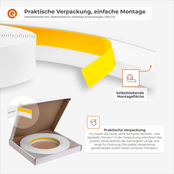Selbstklebende PVC Abdeckleiste auf Rolle mit praktischer Verpackung zur einfachen Entnahme und Montage.
