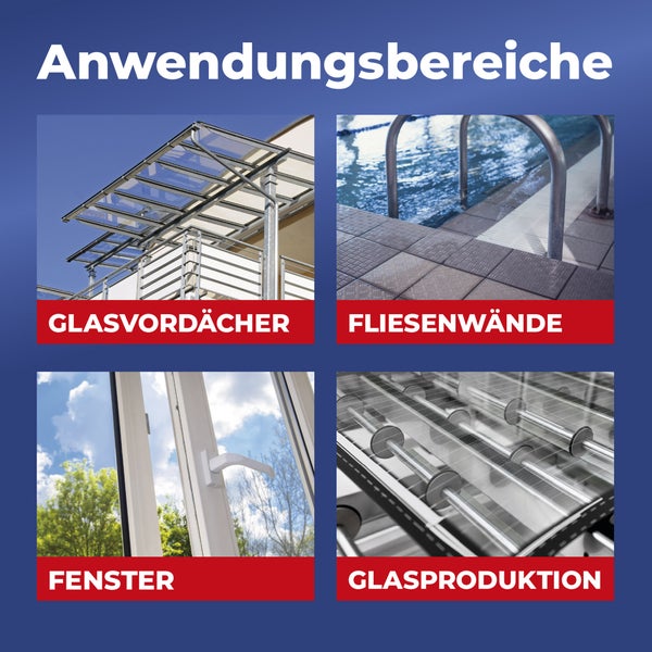 Anwendungsbereiche: Glasvordächer, Fliesenwände, Fenster und Glasproduktion.