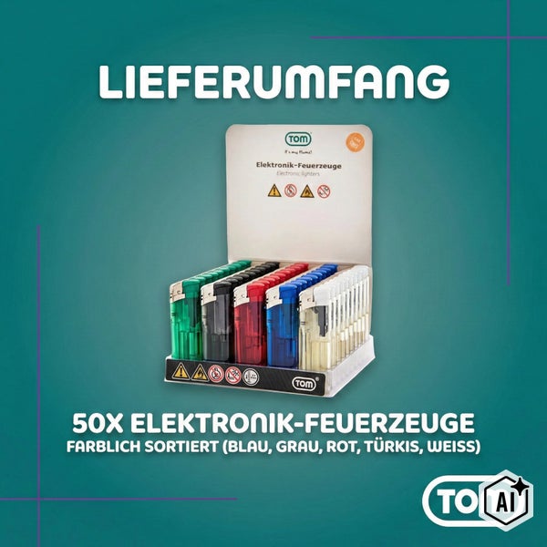 Verkaufsdisplay mit 50 elektronischen Feuerzeugen der Marke TOM in verschiedenen Farben.