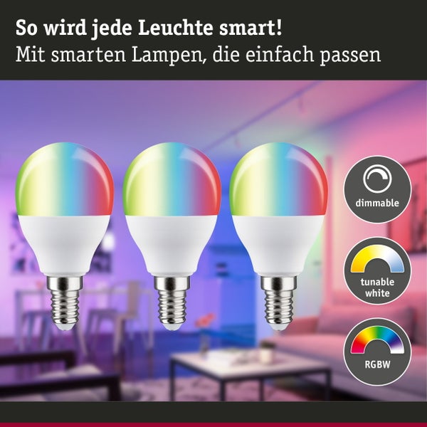 Drei Paulmann LED Lampen E14 4,9 Watt RGBW dimmbar mit Zigbee Steuerung