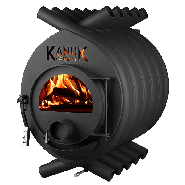 Kanuk Original Warmluftofen aus Stahl mit Konvektionsrohren und Sichtscheibe mit brennendem Feuer, Kanuk Logo.