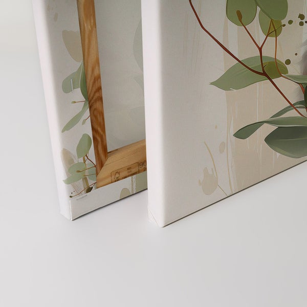 Nahaufnahme von zwei Leinwandbildern mit botanischen Motiven auf Holzrahmen