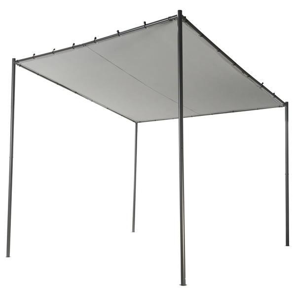 Pergola mit dunklem Metallgestell und grauem Stoffdach.