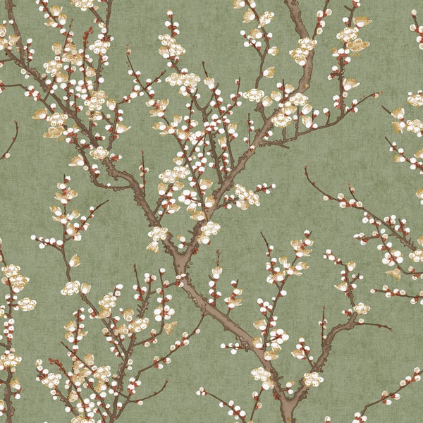 Sanders und Sanders Tapete Blüte Olivgrün und Weiß - 53 cm x 10 m - 640178