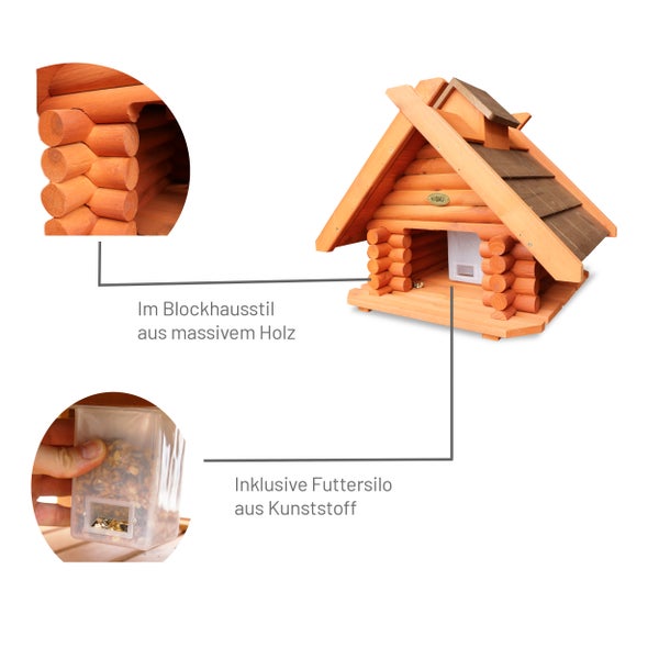 Vogelhaus im Blockhausstil aus Holz mit Futterspender aus Kunststoff