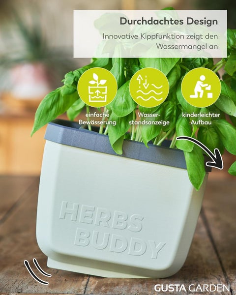 Herbs Buddy Pflanzgefäß mit Hinweisen zu einfacher Bewässerung, Wasserstandsanzeige und kinderleichtem Aufbau