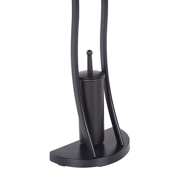 Schwarzer Toilettenbürstenhalter aus Metall mit halbkreisförmigem Standfuß und gebogenem Gestell.