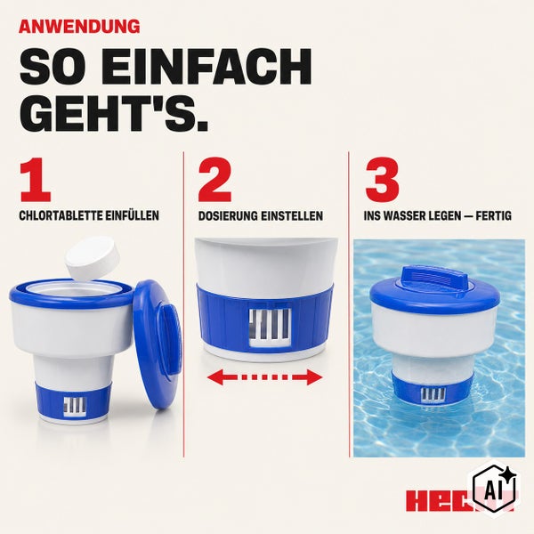 Anleitung zur Anwendung eines Dosierschwimmers fuer Chlortabletten in drei Schritten mit Hecht Logo
