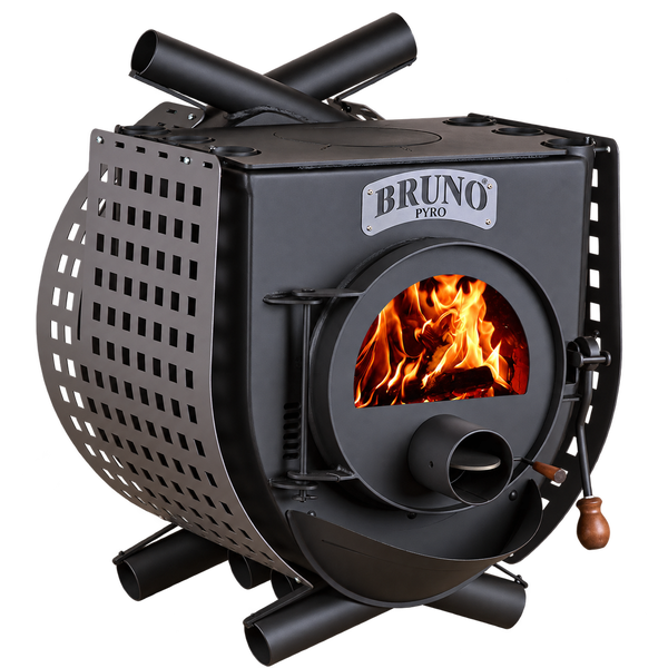 Bruno Pyro Kaminofen aus Stahl mit Holzfeuer in der Brennkammer und Seitenteilen mit Lochmuster