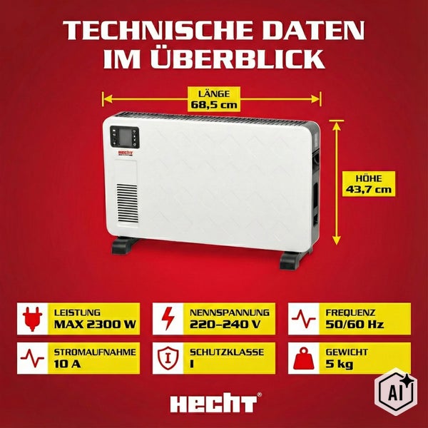 Technische Daten des Hecht Konvektors mit Maßen, Leistung 2300 Watt, Nennspannung 220 bis 240 Volt, Stromaufnahme 10 Ampere und Schutzklasse 1.