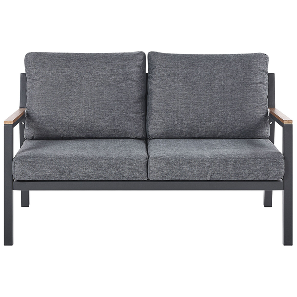 Gartencouch mit zwei Sitzen und grauen Polstern