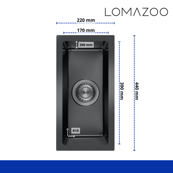 Lomazoo Einbauspüle aus Edelstahl mit Maßangaben für die Spülbeckenbreite von 220 Millimeter und Tiefe von 440 Millimeter