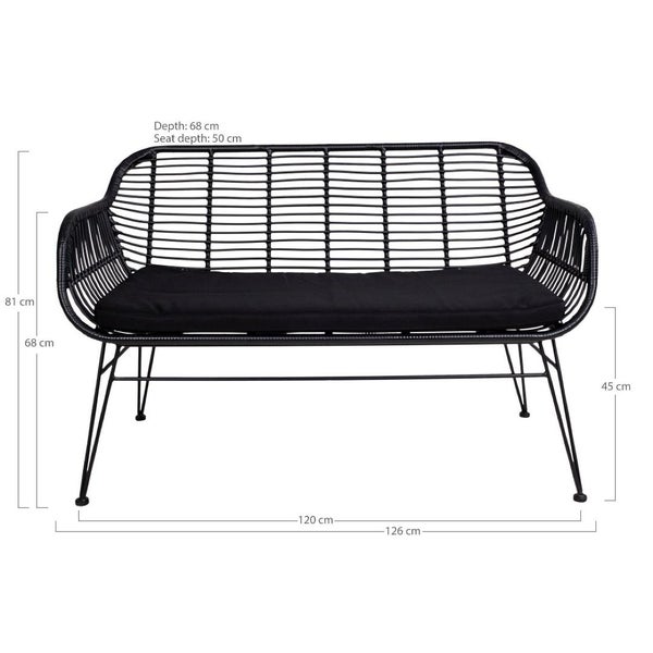 Schwarze Rattan Gartenbank mit den Maßen 126 x 68 x 81 cm