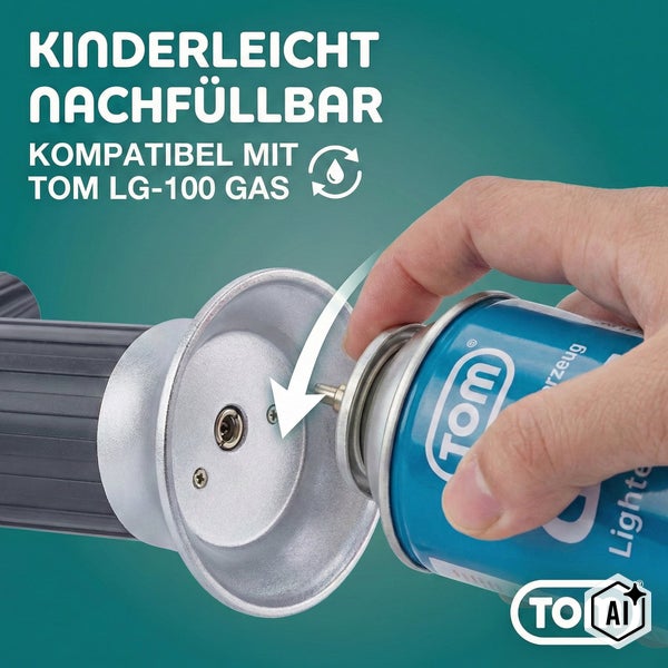 Eine Hand füllt ein Gerät mit einer Tom Gasflasche nach, kompatibel mit Tom LG 100 Gas, mit dem Tom Logo.